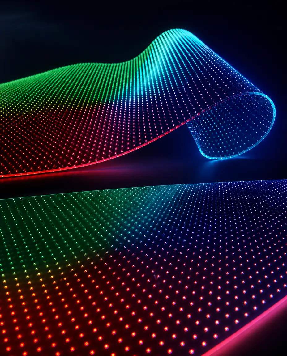 Pellicola iLED flessibile e luminosa con effetti multicolore, soluzione SwitchFilm per display digitali innovativi, superfici curve e installazioni visive ad alto impatto.