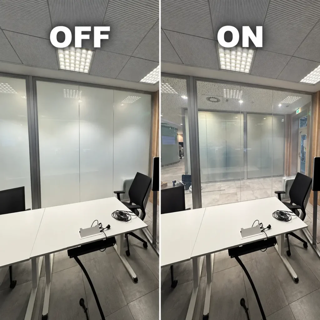 Sala riunioni moderna con tavolo bianco e sedie verdi, divisorio in vetro smart mostrato in confronto OFF opaco e ON trasparente per gestione della privacy in ufficio.