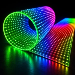 Pannello LED flessibile RGB arrotolato con micro LED verdi, blu, viola e rossi, progettato per display curvi, installazioni creative e superfici digitali personalizzate.
