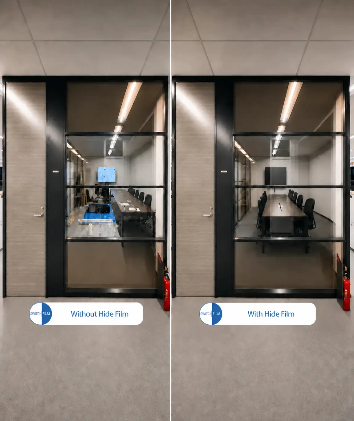 Confronto prima e dopo dell’applicazione della pellicola privacy SwitchFilm su una sala riunioni in vetro, con effetto trasparente e oscurante per maggiore riservatezza negli uffici.