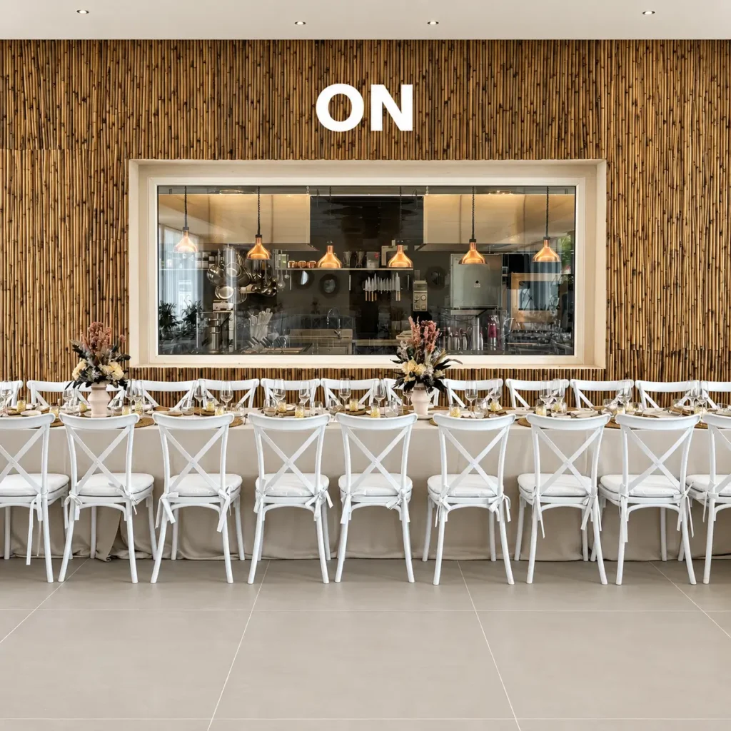 Sala ristorante con grande vetrata intelligente in modalità trasparente e cucina professionale a vista, soluzione per luminosità, design e gestione dinamica degli spazi hospitality.