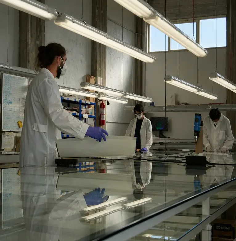 Tecnici specializzati al lavoro in laboratorio su superfici vetrate e pellicole intelligenti PDLC, con attrezzature professionali per produzione, controllo qualità e applicazioni su vetri smart