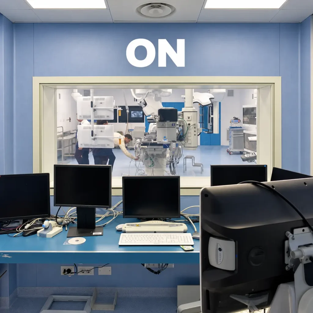 Ambiente sanitario con vetrata intelligente in modalità trasparente e sala tecnica visibile, soluzione per controllo visivo, luminosità e gestione dinamica della privacy.