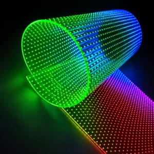 Foglio LED RGB flessibile con micro LED multicolore e struttura ondulata, progettato per display curvi, installazioni creative e superfici digitali personalizzate.